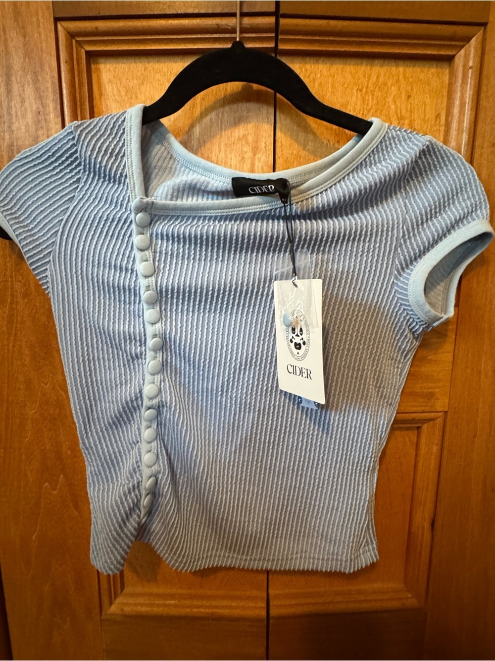 Cider Powder Blue Ribbed Button-Accent Cap Sleeve Crop Top
